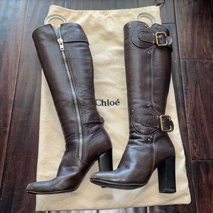 Vintage Chloe Brown leather Brass buckle knee high boots 37 paddington moto tall